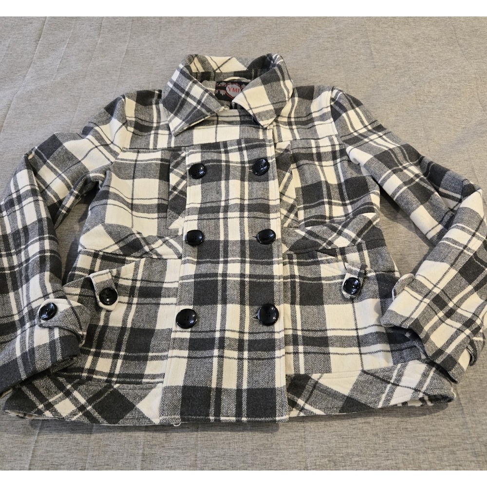 YMI Women's Lined Collared Double Breasted Black White Plaid‎ Pea Coat Size XL
